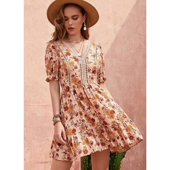 Rustty Dustty Dress Size L Floral Ruffle Trim Eyelet V Neck - Picture 1 of 11